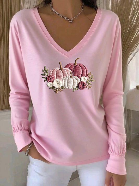 Women's Casual Pink Long-Sleeved T-Shirt