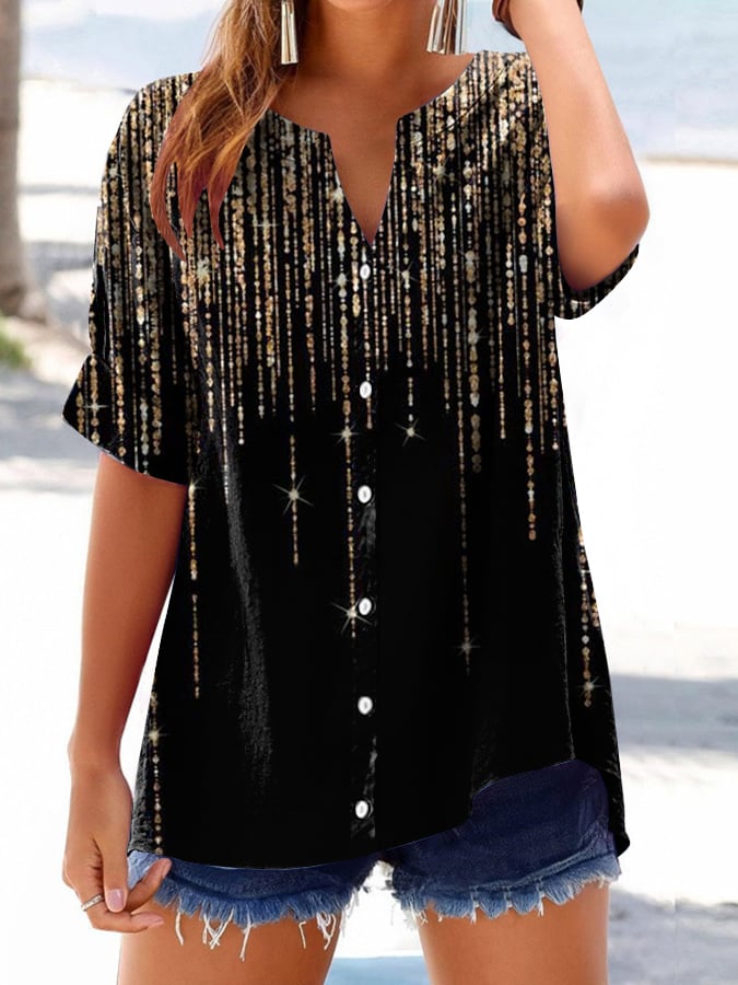 Women's Vintage Sequin Chain Print Button Design Shirt