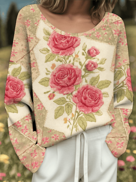 Women's Breast Cancer Flowers Print Drop Shoulder Sweater