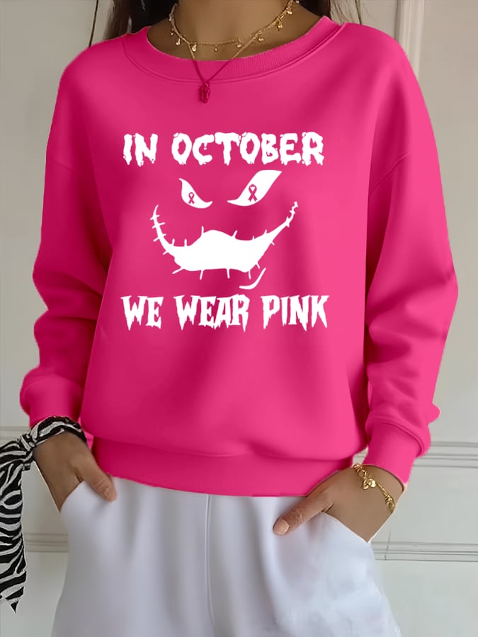 Women's In October We Wear Pink Ghost Print Crew Neck Sweatshirt