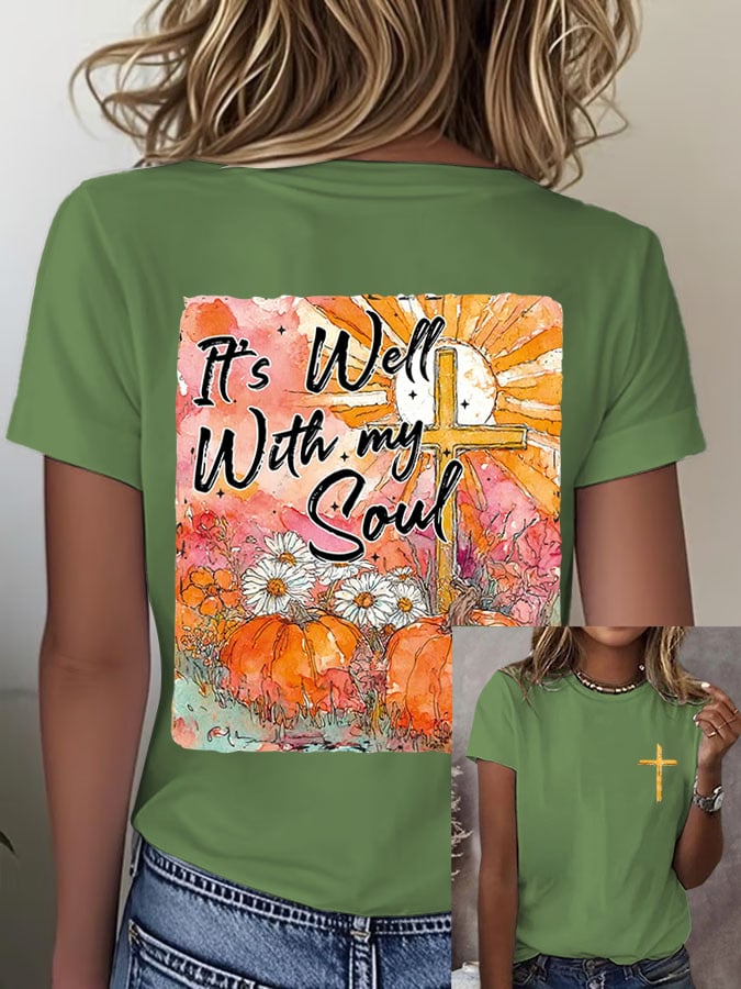 Women's Retro Fall Bible Its Well My Soul Print T-Shirt