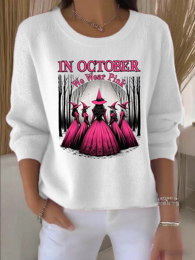 Women's casual October we wear pink witch long sleeve round neck bottoming shirt