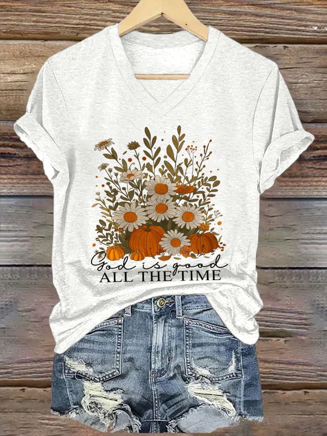 V-Neck Retro Autumn Christianity Print T-Shirt