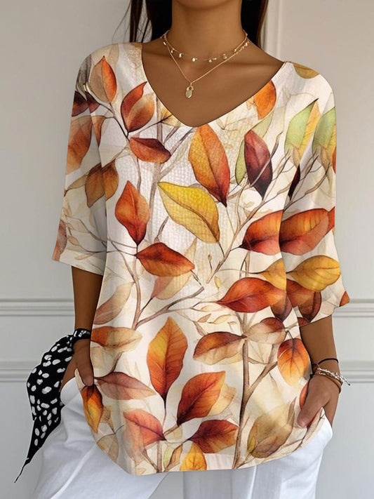 Women's Autumn Leaves Printed Casual V-Neck T-Shirt