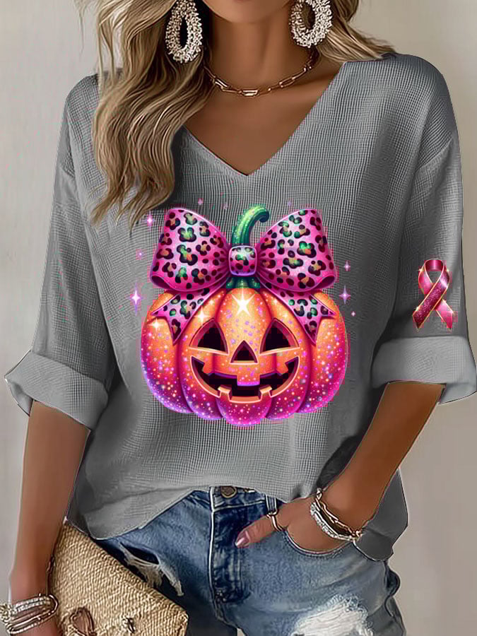 Women's Casual Breast Cancer Awareness Pumpkin Long Sleeve T-Shirt