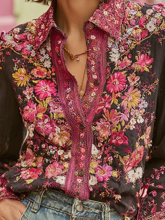 Women's Vintage Pink Floral Art Linen Blend Shirt