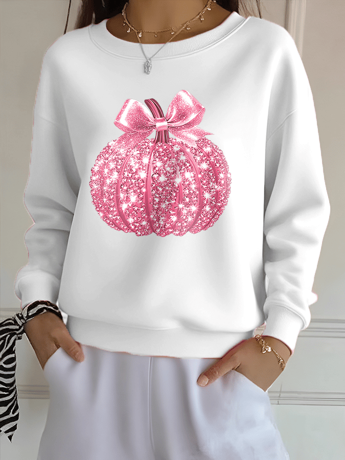 Women's Breast Cancer Sequin Pumpkin Print Crew Neck Sweatshirt