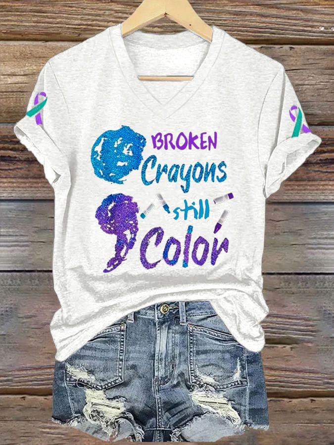 Womens Mental Health Prevention Suicide Awareness Broken Crayons Still Color Print Casual T-Shirt
