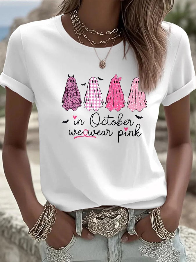 Women's In October We Wear Pink Ghosts Printed Casual T-Shirt