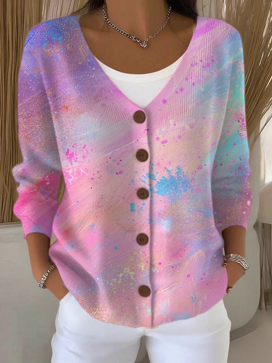 Women's Casual Pink Gradient Autumn And Winter Cardigan