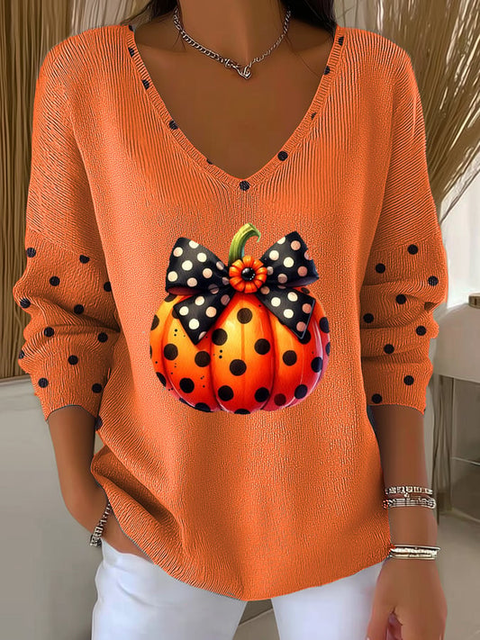 Women's Autumn Polka Dot Design Pumpkin Print Long Sleeve Top