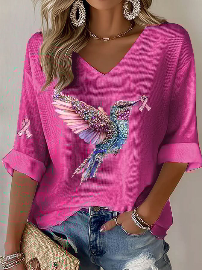 Women's Casual Breast Cancer Pink Hummingbird Ribbon Print Long Sleeve T-shirt