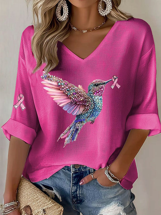 Women's Casual Breast Cancer Pink Hummingbird Ribbon Print Long Sleeve T-shirt
