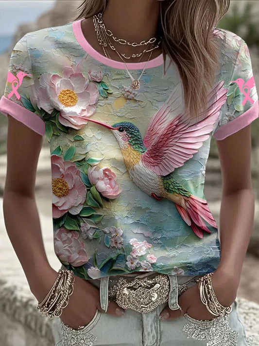 Women's Breast Cancer Printed Round Neck T-Shirt
