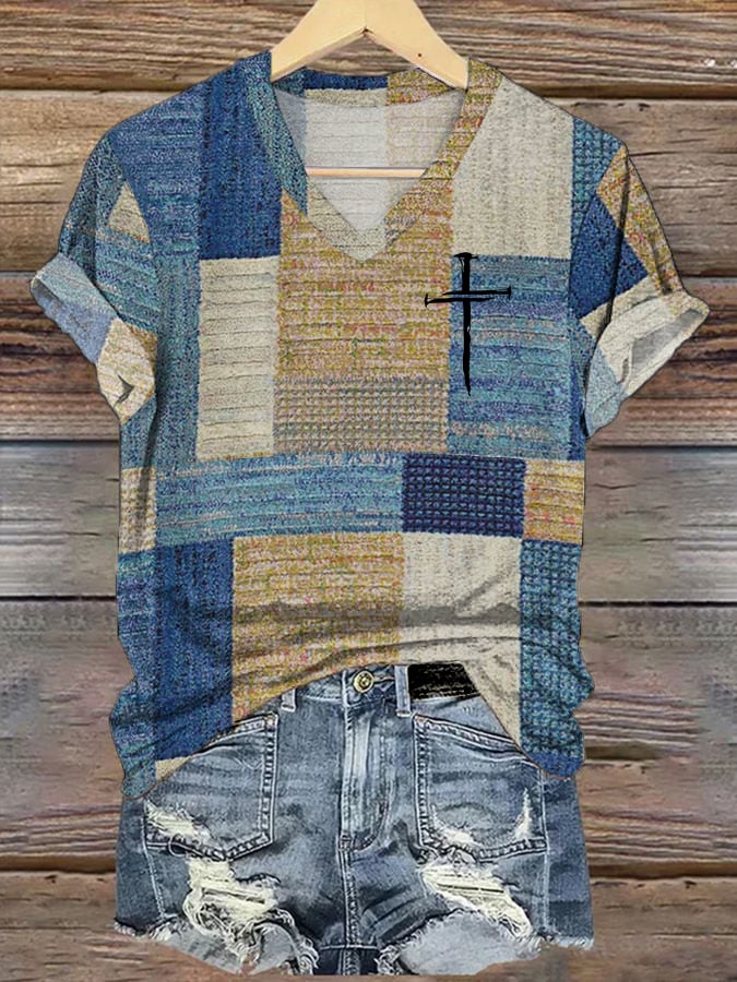 Women's Casual Retro Color Block Faith T-Shirt