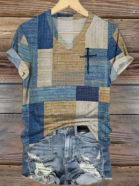 Women's Casual Retro Color Block Faith T-Shirt