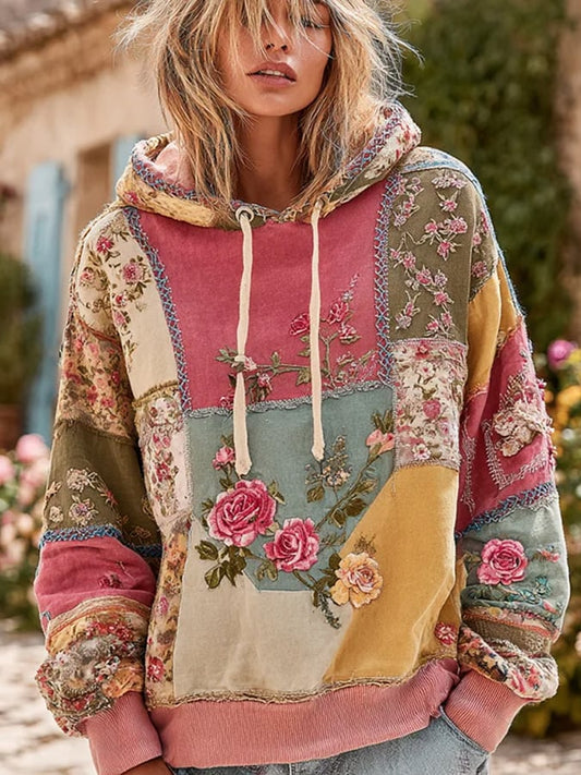 Women's Pink Patchwork Floral Print Hoodie