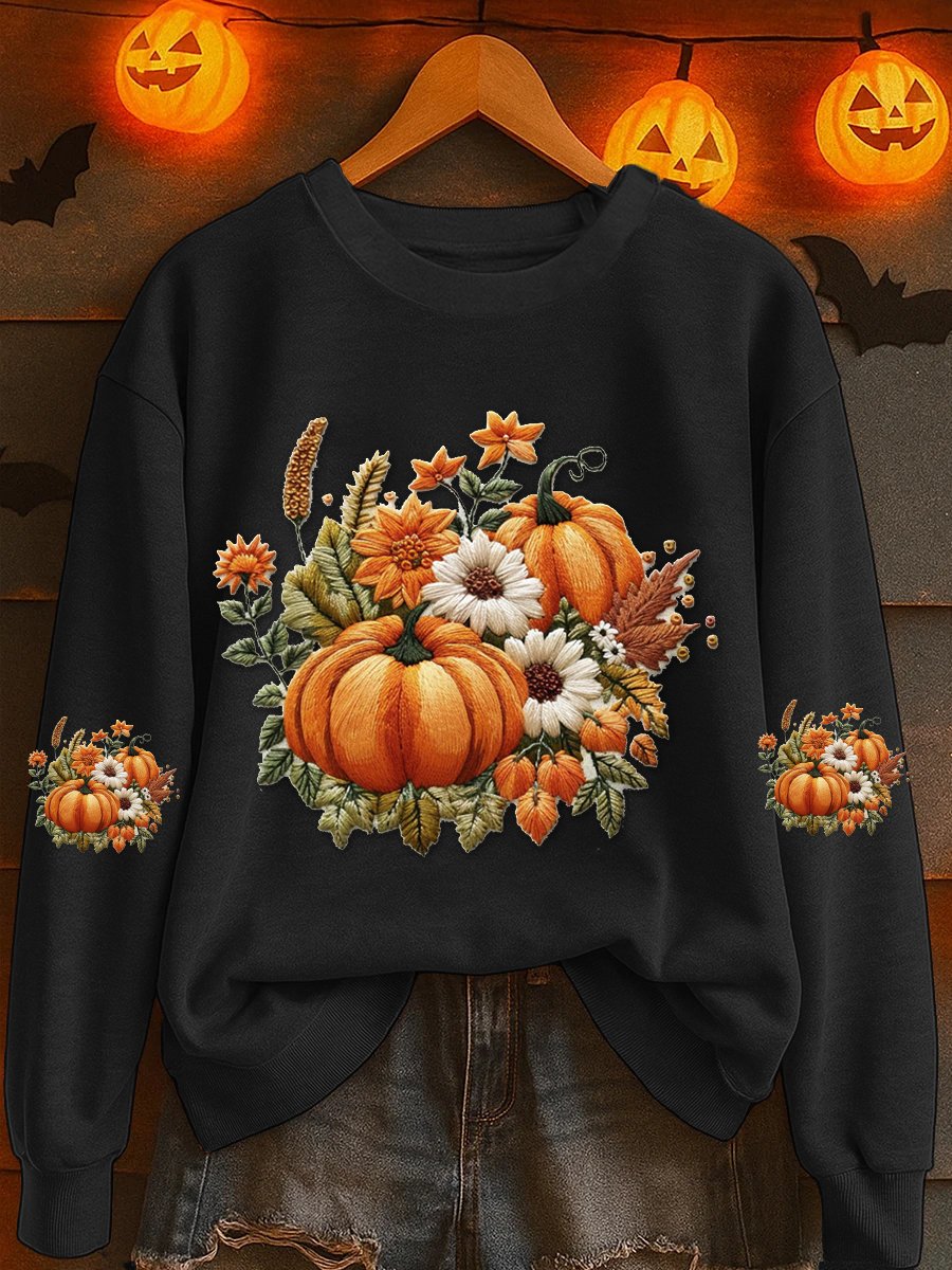 Women's Pumpkin Floral Print Casual Sweatshirt