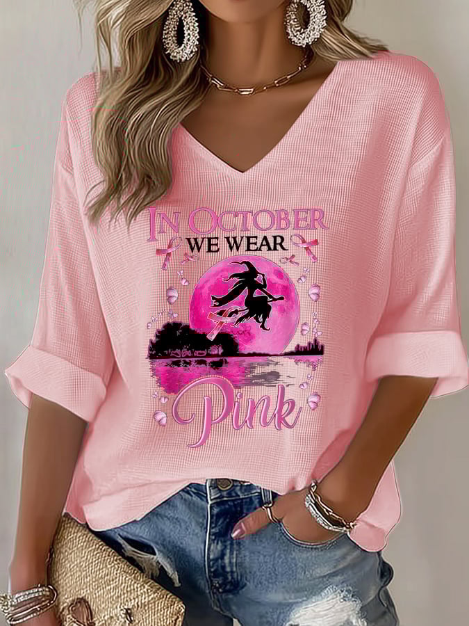 Women's Casual October We Wear Pink Witch Waffle Long Sleeve T-Shirt