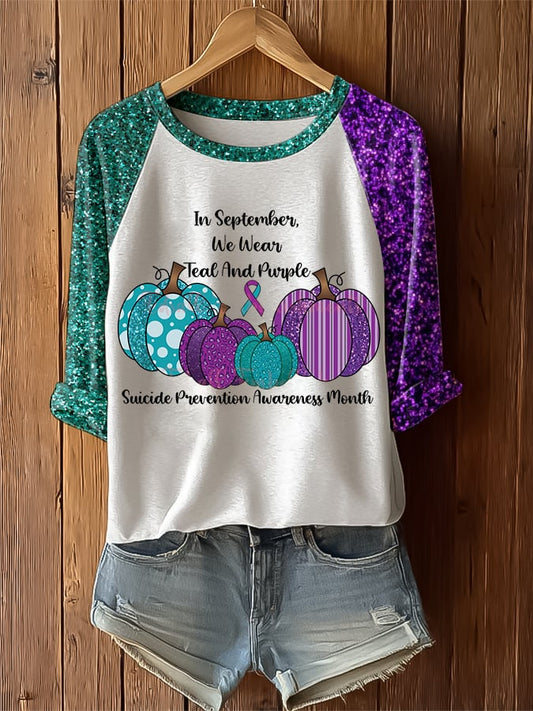 Women's In September We Wear Teal And Purple Suicide Prevention Awareness Print Raglan Sleeve T-Shirt