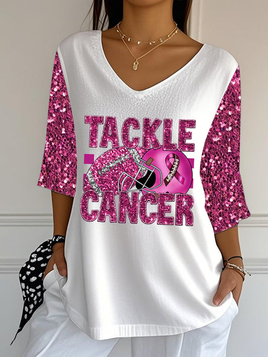 Women's Retro Football Breast Cancer Awareness Print T-Shirt