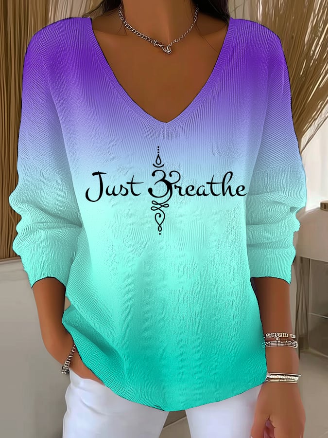 Women's Just Breathe Print V Neck Sweater