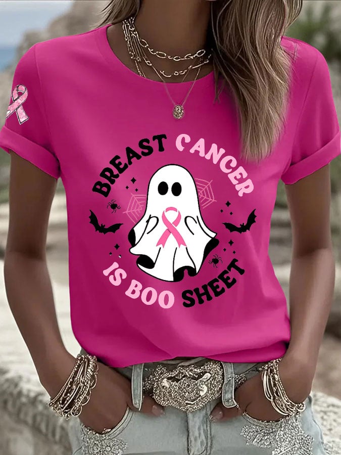 Women's Casual Retro Breast Cancer is Boo Sheet Ghost T-Shirt