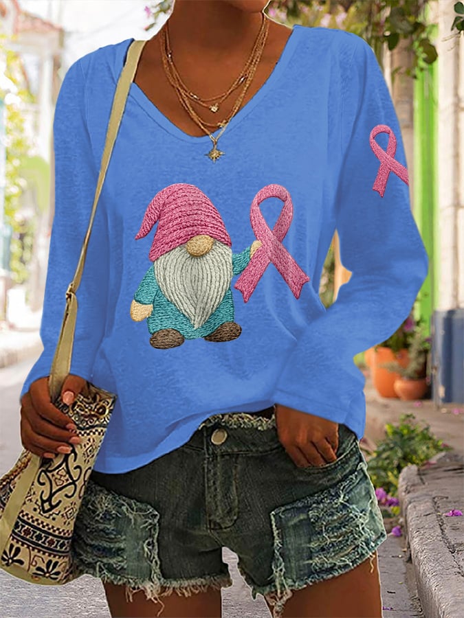 Women's Breast Cancer Awareness Print Long Sleeve V-Neck T-Shirt