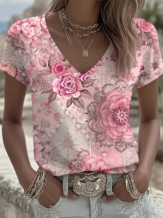 Women's Vintage Pink Art Print Crew Neck T-Shirt