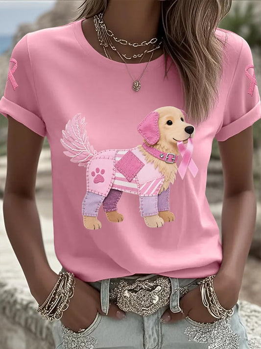 Women's Pink Dog Pink Ribbon Breast Cancer Awareness Print Round Neck T-Shirt