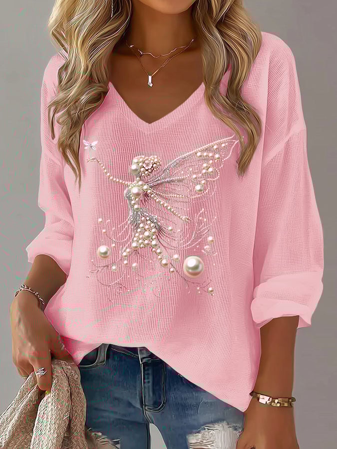 Women'S Casual Pink Breast Cancer Print Waffle Long Sleeve T-Shirt