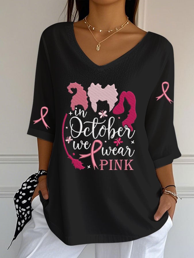 Women's Breast Cancer Witch Print  Casual V-Neck Top