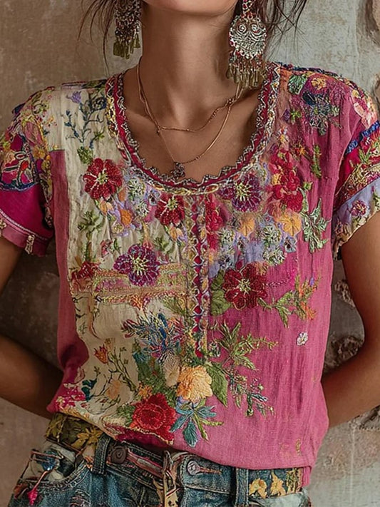 Women's Vintage Pink Floral Embroidery Art Round Neck Short Sleeve Linen Blend T-Shirt