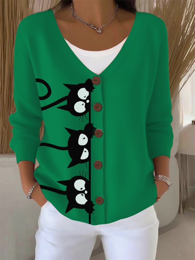 Women's Autumn Sleeping Black Cat Fun Printed Sweater Cardigan