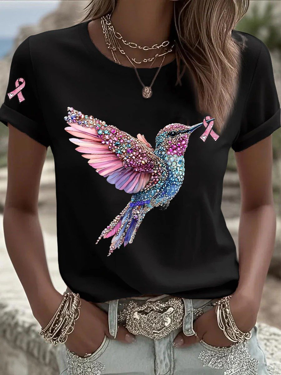Women's Breast Cancer Hummingbird Ribbon Print Casual T-shirt