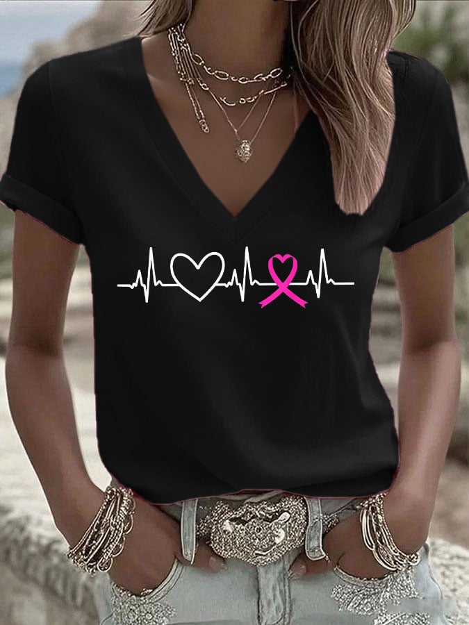 Women's Breast Cancer Love Ribbon Print Casual T-shirt
