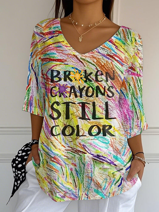 Women's Broken Crayons Still Color Print Mid Sleeve T-Shirt