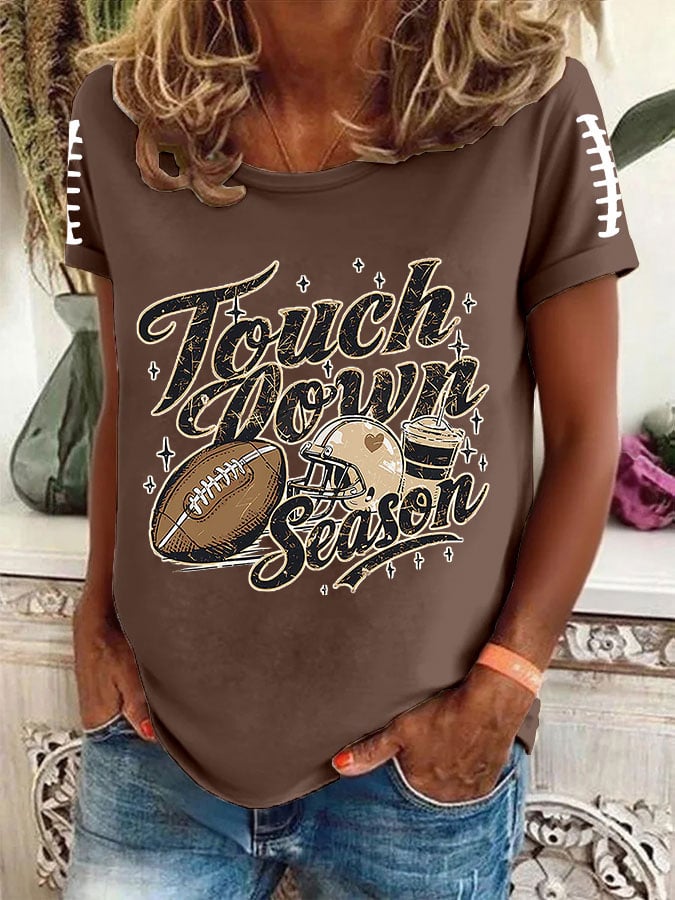 Women's Football Touch Down Season Printed Round Neck T-Shirt