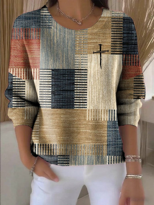 Women's Casual Retro Color Block Faith Ribbed Long-Sleeved Top