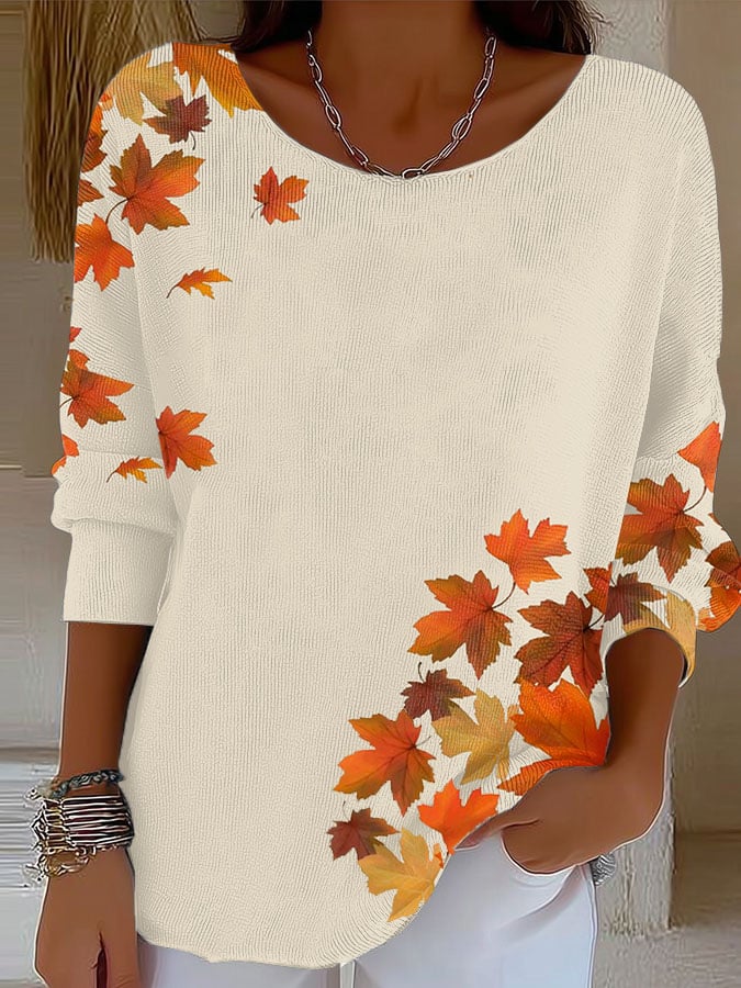 Women's Retro Autumn Maple Leaf Print Sweater