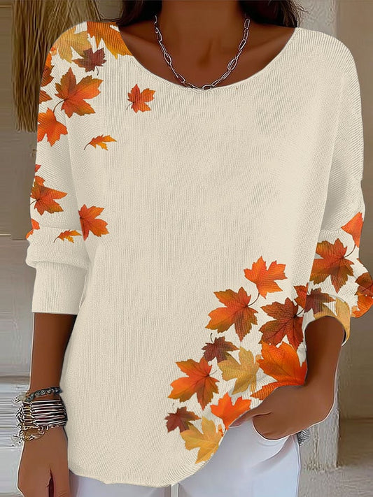 Women's Retro Autumn Maple Leaf Print Sweater