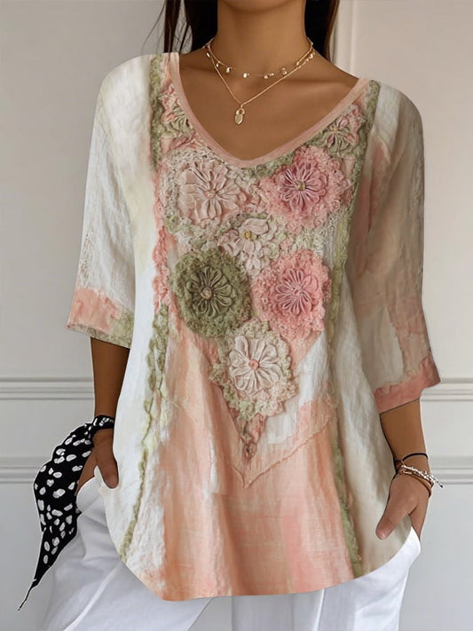 Women's pink imitation 3D embossed floral print casual top