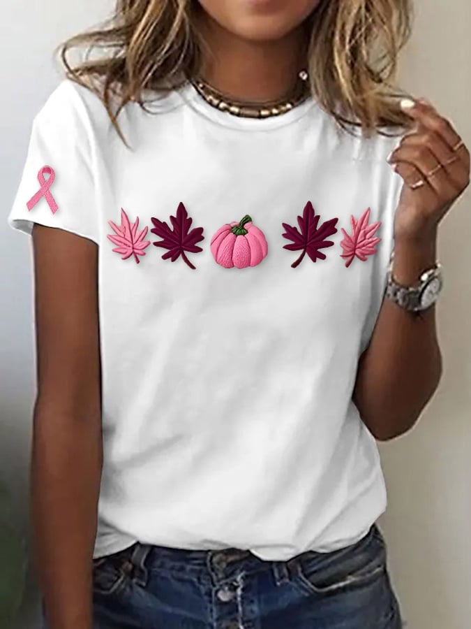 Women's casual pink maple leaf pumpkin T-shirt