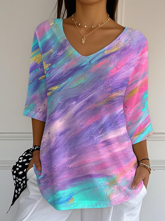 Women's Oil Painting Style Printed Long Striped Casual Top