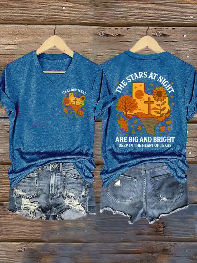 V-Neck Retro Texas Fall Strong Texas Our Texas The Stars At Night Are Big And Bright Deep In The Heart Of Texas Print T-Shirt