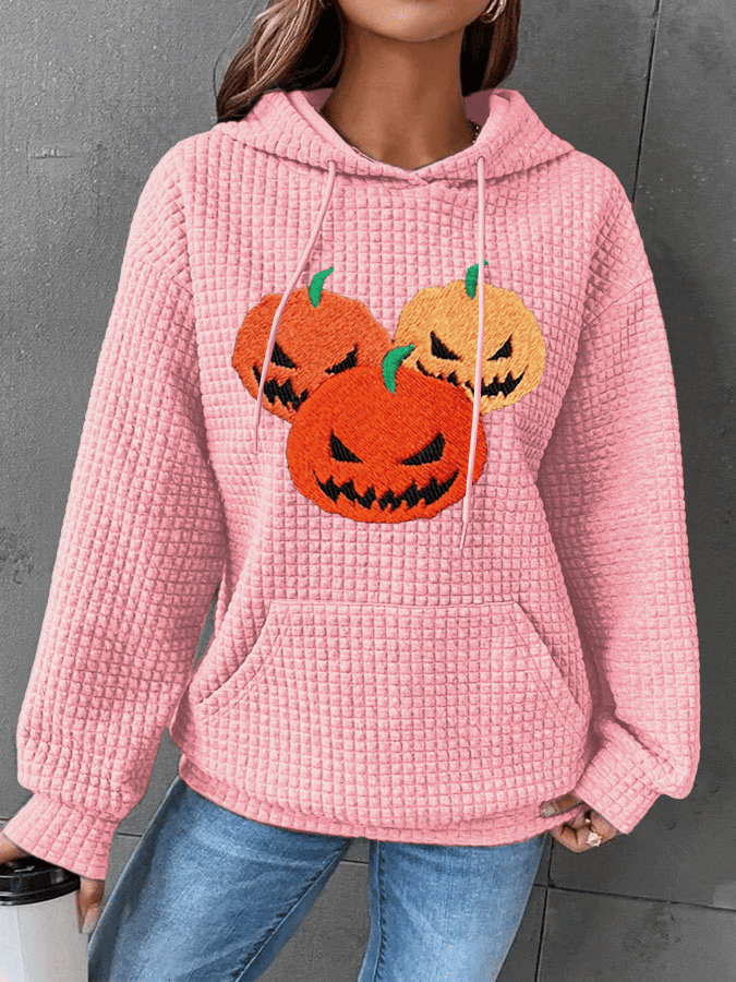 Women's Pumpkin Face Print Waffle Fabric Hooded Sweatshirt