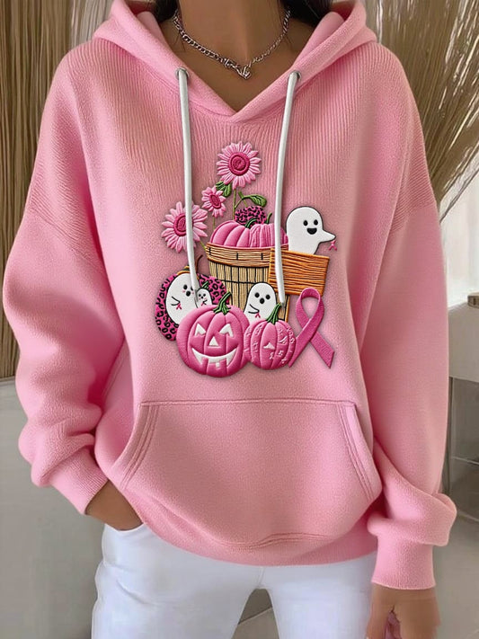 Women's Breast Cancer Sequin Pumpkin Print Casual Hoodie
