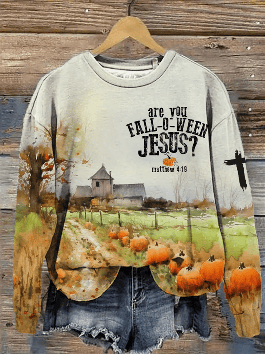 Women's Are You FALL-O-WEEN JESUS? Matthew 4:19 Print Crew Neck Sweatshirt