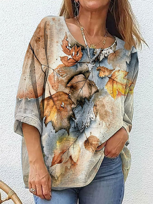Women's Autumn Leaves Printed Round Neck Casual Cotton and Linen Shirt