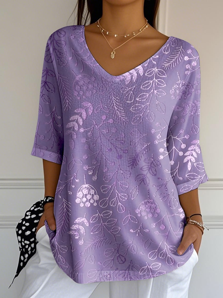 Women's Purple Floral Casual V-Neck T-Shirt
